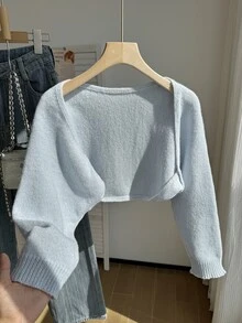 SHEIN Cardigan Pendek Warna Polos Kasual Lucu Serbaguna untuk Anak Perempuan Remaja, Cocok untuk Kembali ke Sekolah, Liburan, Warna Biru Muda, Musim Gugur, dan Acara Formal Sekolah. - Biru - View 3