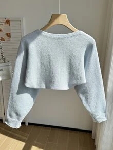SHEIN Cardigan Pendek Warna Polos Kasual Lucu Serbaguna untuk Anak Perempuan Remaja, Cocok untuk Kembali ke Sekolah, Liburan, Warna Biru Muda, Musim Gugur, dan Acara Formal Sekolah. - Biru - View 2