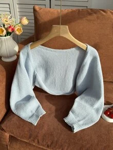 SHEIN Cardigan Pendek Warna Polos Kasual Lucu Serbaguna untuk Anak Perempuan Remaja, Cocok untuk Kembali ke Sekolah, Liburan, Warna Biru Muda, Musim Gugur, dan Acara Formal Sekolah. - Biru - View 1