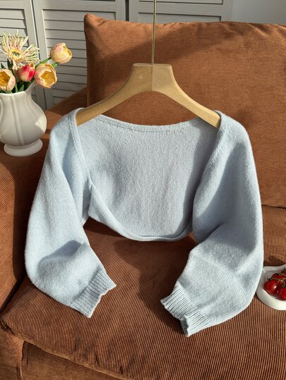 SHEIN Tween Girl Casual Versatile Solid Color Cropped Cardigan Back-To-School Holiday Light Blue Autumn