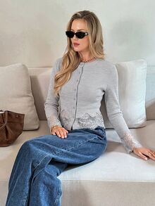 Serisse 女款休閒蕾絲拼接T恤，秋季 - 淺灰色 - 查看 8