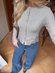 Serisse 女款休閒蕾絲拼接T恤，秋季 - 淺灰色 - 查看 4