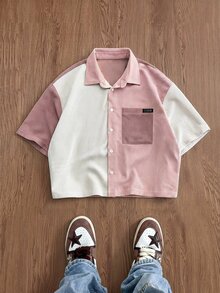 NORVETH Men's Patchwork Corduroy Short Sleeve Shirt, Spring/Summer - Pink - View 4