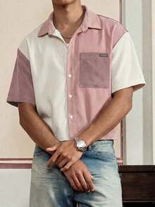 NORVETH Men's Patchwork Corduroy Short Sleeve Shirt, Spring/Summer - Pink - View 3