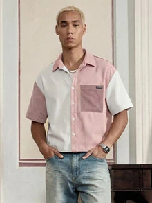 NORVETH Men's Patchwork Corduroy Short Sleeve Shirt, Spring/Summer - Pink - View 2