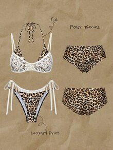 Elavelle Women's Spring/Summer Random Print Halter Neck Spaghetti Strap 3-Piece Bikini Set Beach Party White Beige Tropical Sexy - Multicolor - View 1
