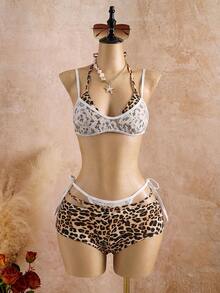 Elavelle Women's Spring/Summer Random Print Halter Neck Spaghetti Strap 3-Piece Bikini Set Beach Party White Beige Tropical Sexy - Multicolor - View 2
