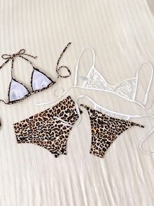 Elavelle Women's Spring/Summer Random Print Halter Neck Spaghetti Strap 3-Piece Bikini Set Beach Party White Beige Tropical Sexy - Multicolor - View 5