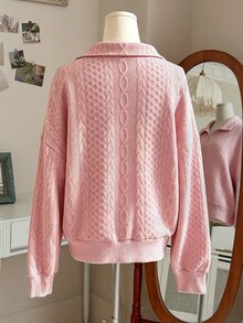 INAWLY 秋冬甜美休閒粉色3D粗繩針織壓紋衛衣，POLO領半拉鍊寬鬆落肩長袖套頭衫，校園日常街頭慵懶風 - 粉色 - 查看 4