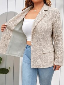 SHEIN LUNE CURVE 大尺碼女款休閒百搭翻領長袖西裝外套 - 杏色 - 查看 7