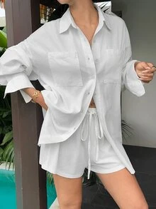 Sunnyshic Women's Solid Color Minimalist Casual Pocket Single-Breasted Shirt And Drawstring Waist Denim Shorts Set Vacation Off-White Autumn - White - View 6