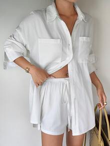 Sunnyshic Women's Solid Color Minimalist Casual Pocket Single-Breasted Shirt And Drawstring Waist Denim Shorts Set Vacation Off-White Autumn - White - View 9