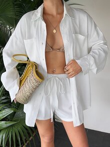 Sunnyshic Women's Solid Color Minimalist Casual Pocket Single-Breasted Shirt And Drawstring Waist Denim Shorts Set Vacation Off-White Autumn - White - View 4