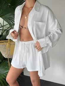 Sunnyshic Women's Solid Color Minimalist Casual Pocket Single-Breasted Shirt And Drawstring Waist Denim Shorts Set Vacation Off-White Autumn - White - View 8