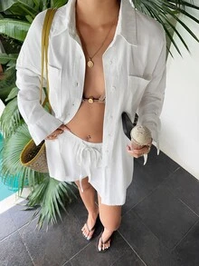 Sunnyshic Women's Solid Color Minimalist Casual Pocket Single-Breasted Shirt And Drawstring Waist Denim Shorts Set Vacation Off-White Autumn - White - View 5