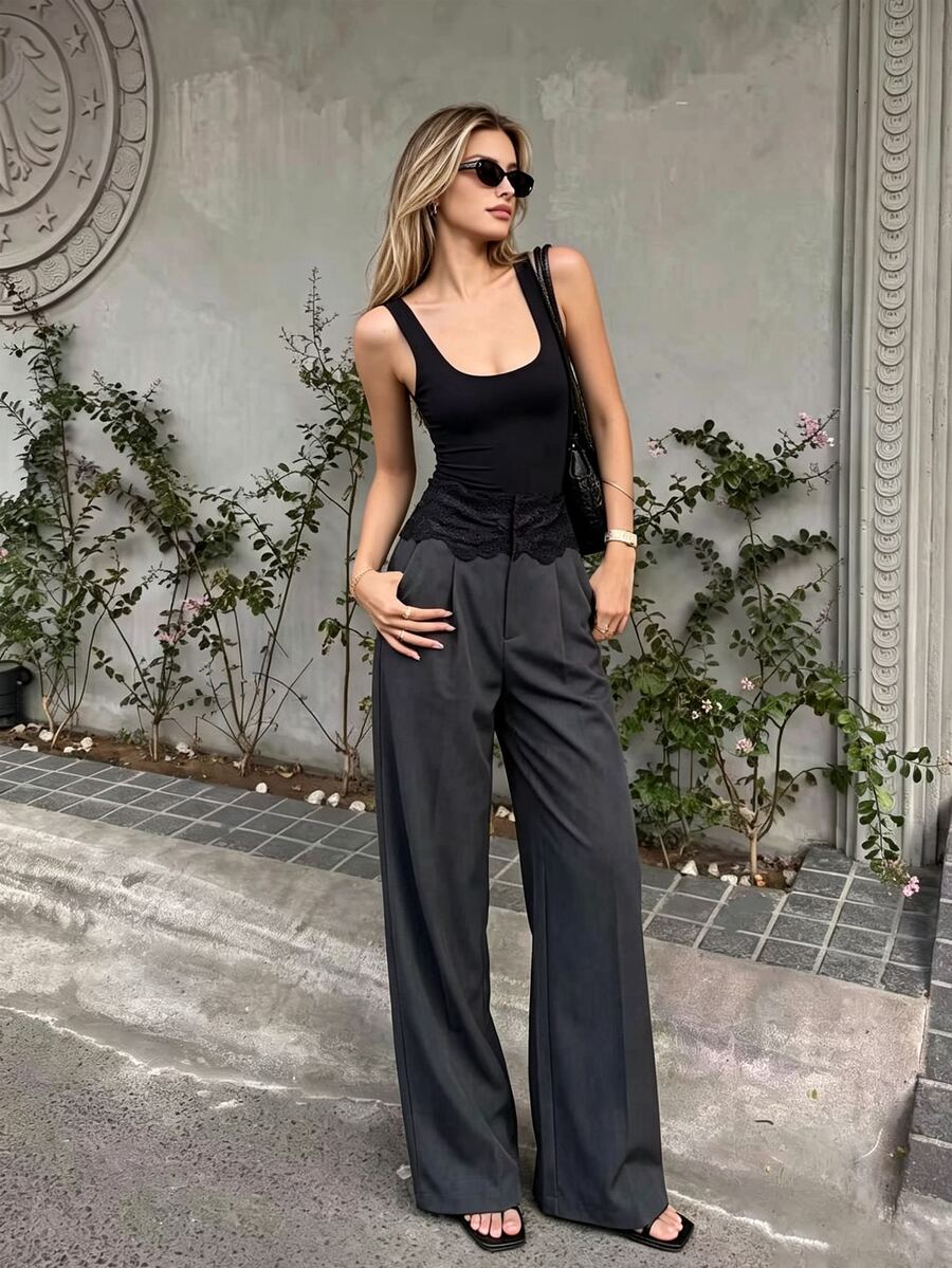 Anewsta 女款優雅現代極簡修身百搭通勤蕾絲拼接休閒垂墜寬腿直筒長褲 - 深灰色 - 查看 1