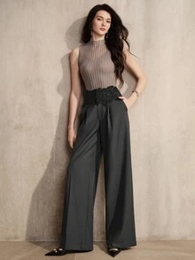 Anewsta 女款優雅現代極簡修身百搭通勤蕾絲拼接休閒垂墜寬腿直筒長褲 - 深灰色 - 查看 6