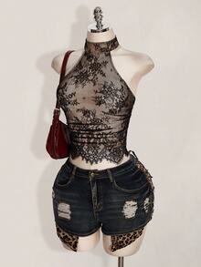 SHEIN ICON Y2k Summer Women's Black Boho Club Sexy Lace Ruffle Halter Neck Sexy Sheer Blouse For Date & Outing,Summer Top - Black - View 7
