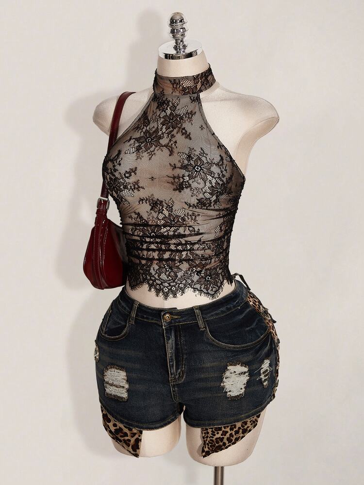 SHEIN ICON Y2k Summer Women's Black Boho Club Sexy Lace Ruffle Halter Neck Sexy Sheer Blouse For Date & Outing,Summer Top - Black - View 7