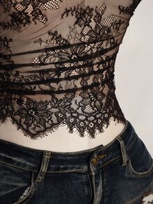 SHEIN ICON Y2k Summer Women's Black Boho Club Sexy Lace Ruffle Halter Neck Sexy Sheer Blouse For Date & Outing,Summer Top - Black - View 11