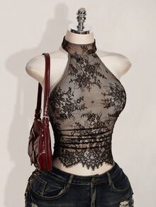 SHEIN ICON Y2k Summer Women's Black Boho Club Sexy Lace Ruffle Halter Neck Sexy Sheer Blouse For Date & Outing,Summer Top - Black - View 5