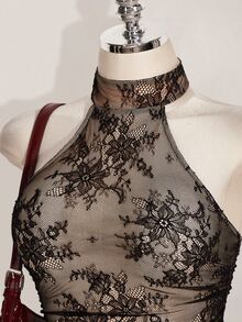 SHEIN ICON Y2k Summer Women's Black Boho Club Sexy Lace Ruffle Halter Neck Sexy Sheer Blouse For Date & Outing,Summer Top - Black - View 9