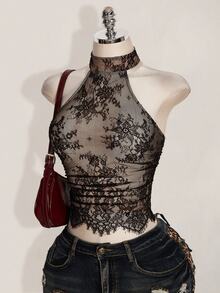 SHEIN ICON Y2k Summer Women's Black Boho Club Sexy Lace Ruffle Halter Neck Sexy Sheer Blouse For Date & Outing,Summer Top - Black - View 8