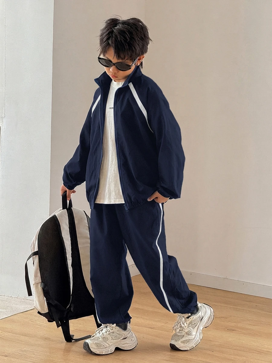 SHEIN 兒童青少年男孩休閒風寬鬆運動戶外拉鍊立領夾克褲子兩件套,適合秋冬,休閒運動風 - 藏蓝色 - 查看 1