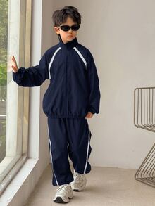 SHEIN 兒童青少年男孩休閒風寬鬆運動戶外拉鍊立領夾克褲子兩件套，適合秋冬，休閒運動風 - 藏蓝色 - 查看 4