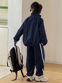 SHEIN 兒童青少年男孩休閒風寬鬆運動戶外拉鍊立領夾克褲子兩件套，適合秋冬，休閒運動風 - 藏蓝色 - 查看 3
