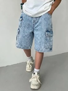 兒童青少年男孩工裝口袋寬鬆休閒牛仔短褲 開學假期淺藍色夏季 - 淺色水洗藍 - 查看 5