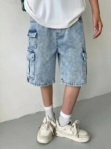 兒童青少年男孩工裝口袋寬鬆休閒牛仔短褲 開學假期淺藍色夏季 - 淺色水洗藍 - 查看 3