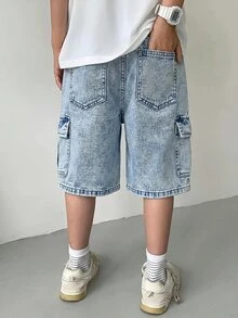 兒童青少年男孩工裝口袋寬鬆休閒牛仔短褲 開學假期淺藍色夏季 - 淺色水洗藍 - 查看 2