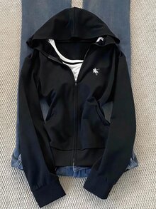 Girlism 兒童青少年女孩秋冬新款基礎街頭風休閒黑色純色針織小Logo刺繡圖案拉鍊連帽修身運動外套，返校季 - 黑色 - 查看 3