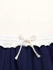SHEIN Girlism Tween女孩寬鬆休閒簡約舒適中腰蝴蝶結印花對比色抽繩裝飾運動長褲 灰色 - 藍白色 - 查看 3