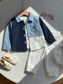 2件組男嬰配色拼接對比領長袖鈕扣襯衫與鬆緊腰長褲，返校服裝，秋冬款 - 彩色 - 查看 1