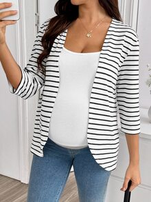 SHEIN Maternity Fashion White Colorblock Casual Business Casual Thin Knit Cardigan For Daily Wear Maternity Autumn Fall - Black and White - View 3