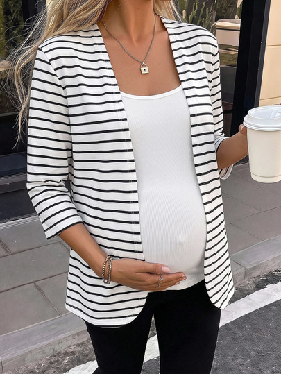 SHEIN Moda Gestante Cardigan de Tricô Fino Casual Business Casual com Blocos de Cor Branca para Uso Diário Gestante Outono