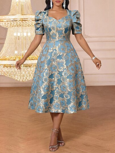 Fleurora Women's Jacquard Sweetheart Neck Short Petal Sleeve Elegant Dress Formal Royal Blue And Gold Floral Summer Wedding Dinner Date Garden Party Guest