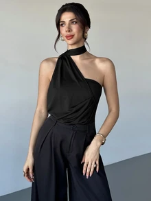 Firerie 女士摩卡棕色不对称荷叶边领露背连体衣，时尚百搭，适合春、夏、秋、冬四季穿着，兼具通勤、优雅、性感、度假、海滩、波西米亚风、夏威夷风、音乐节、派对、工作等多种场合。 - 黑色 - 查看 4
