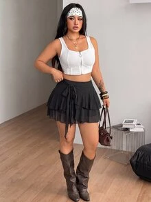 Coolane 女款大尺碼夏季秋季街頭風優雅度假波希米亞海灘度假派對復古荷葉邊彈性黑色迷你裙 - 黑色 - 查看 2