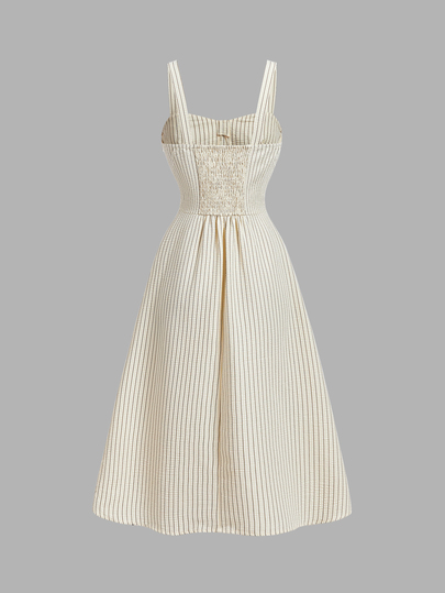 Skyraze Vestido midi retro de mujer talla grande estilo cottagecore tropical en marrón y blanco con lazo delantero y escote corazón para vacaciones, graduación, baile y verano