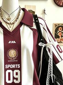 Lalippa 運動風條紋數位印花時尚極簡女款翻領V領落肩短袖T恤，送給朋友的禮物 - 彩色 - 查看 3
