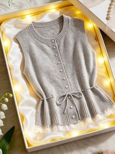 GlowEve CURVE Cardigan Vest Rajut Polos Ukuran Besar untuk Wanita dengan Tali Serut, Hem Ekor Ikan, dan Hiasan Renda, Gaya Kasual Elegan untuk Perjalanan Sehari-hari dan Pakaian Kantor di Musim Gugur/Musim Dingin
