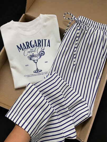 Comfortcana 2pcs/Set Plus Size Women's Vacation Wine Glass Pattern Blue And White T-Shirt And Letter Print Pants, Suitable For Summer, Outfit