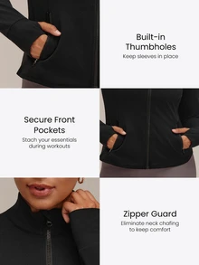 GLOWMODE Chaqueta FeatherFit™ con cremallera, bolsillos seguros, efecto esbelta y de bajo impacto para yoga y uso diario en otoño, tallas grandes - Negro - Ver 3