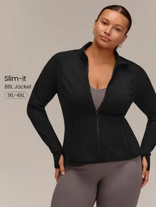 GLOWMODE Chaqueta FeatherFit™ con cremallera, bolsillos seguros, efecto esbelta y de bajo impacto para yoga y uso diario en otoño, tallas grandes - Negro - Ver 1