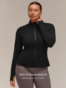 GLOWMODE Chaqueta FeatherFit™ con cremallera, bolsillos seguros, efecto esbelta y de bajo impacto para yoga y uso diario en otoño, tallas grandes - Negro - Ver 4