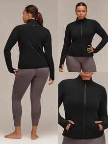 GLOWMODE Chaqueta FeatherFit™ con cremallera, bolsillos seguros, efecto esbelta y de bajo impacto para yoga y uso diario en otoño, tallas grandes - Negro - Ver 9