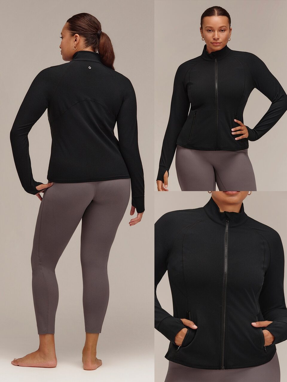 FeatherFit™ Plus Size Slim-It Streamline Performance Secure Pockets Zip Up Jacket Low Impact Yoga Pilates Daily Fall